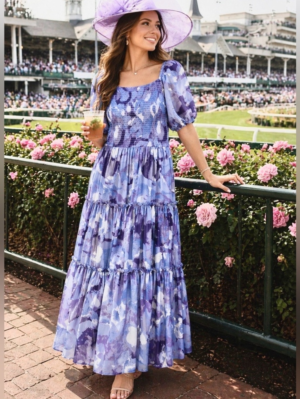 JessaKae Smocked Tiered Maxi Dress L Purple Blue Kentucky Derby Garden Party